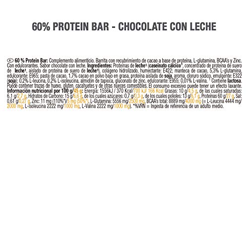 Weider 60% Protein Bar Chocolate con leche 24 x 45 gr. La barrita con más proteína del mercado. Con 4 g de BCAAs por barrita.