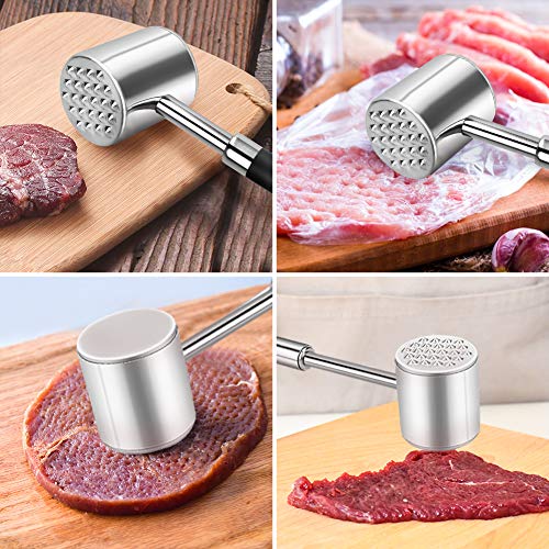 welltop Martillo ablandador de Carne de Aluminio Resistente de Doble, Acero Inoxidable Ablandador de Carne Mazo machacador Mango Largo de Doble Cara para Filete, Pollo, Pescado, Cerdo