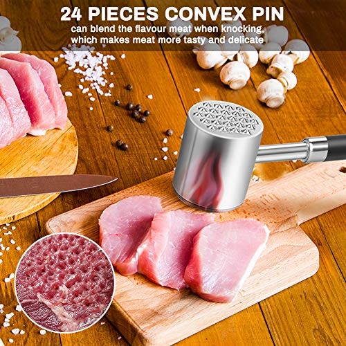 welltop Martillo ablandador de Carne de Aluminio Resistente de Doble, Acero Inoxidable Ablandador de Carne Mazo machacador Mango Largo de Doble Cara para Filete, Pollo, Pescado, Cerdo