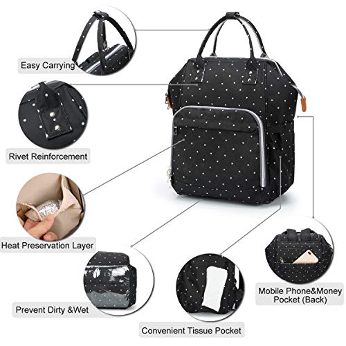 Wemk Mochilas de Pañales y Biberones, Mochila Maternidad Portatil con Bolsillo Térmico para Biberones, Fondo Impermeable, Bolsa para Carrito de Bebé, Gran Capacidad - Punto de Onda/Negra