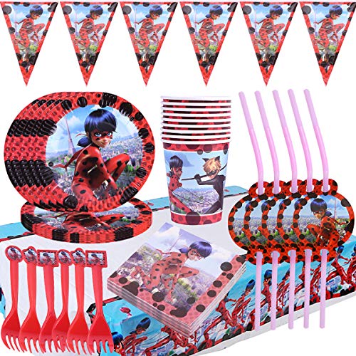 WENTS Vajilla Diseño de Ladybug Desechable Accesorio de Decoración de Fiesta de Cumpleaños Apoyo para Celebración Pancarta Platos Vasos Servilletas y Mantel Resistente, 62pcs