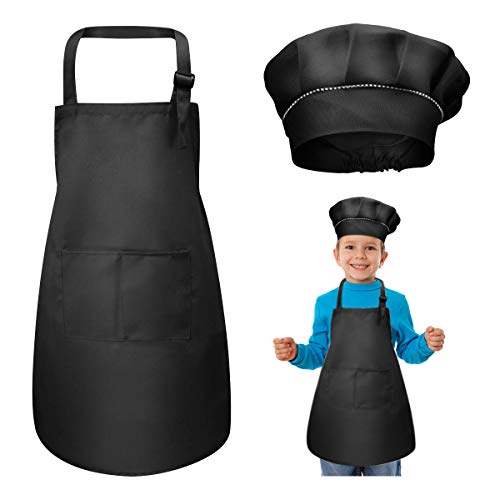 WEONE Niños Delantal y Gorro de Cocinero, Ajustable Delantal Infantil con 2 Bolsillos para Niños Niñas, Niñito Delantales de Cocina de Chef para Cocinar Hornear Pintar Artesanía (7-13 Años) (Negro)