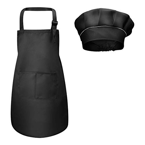 WEONE Niños Delantal y Gorro de Cocinero, Ajustable Delantal Infantil con 2 Bolsillos para Niños Niñas, Niñito Delantales de Cocina de Chef para Cocinar Hornear Pintar Artesanía (7-13 Años) (Negro)