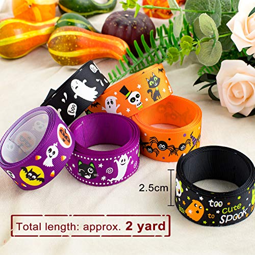 Whaline 6 Halloween Cintas Surtidas, 12 yardas Cinta de Tela de Raso Grosgrain para Manualidades de Bricolaje, Envoltura de Regalos Navideños, Decoración de Fiesta de Halloween, 25 mm de Ancho