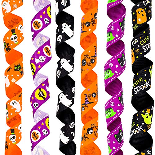 Whaline 6 Halloween Cintas Surtidas, 12 yardas Cinta de Tela de Raso Grosgrain para Manualidades de Bricolaje, Envoltura de Regalos Navideños, Decoración de Fiesta de Halloween, 25 mm de Ancho