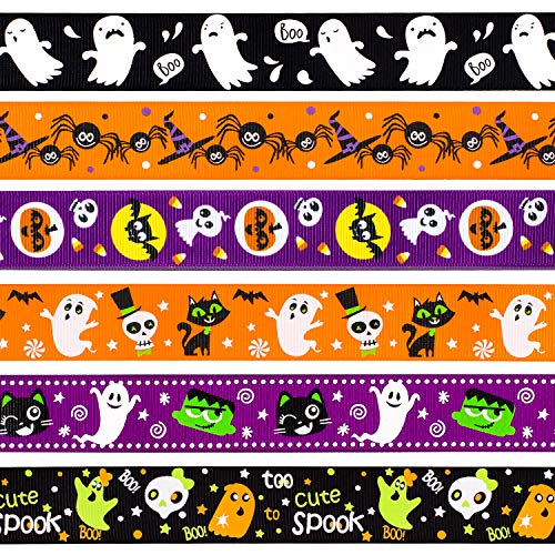 Whaline 6 Halloween Cintas Surtidas, 12 yardas Cinta de Tela de Raso Grosgrain para Manualidades de Bricolaje, Envoltura de Regalos Navideños, Decoración de Fiesta de Halloween, 25 mm de Ancho