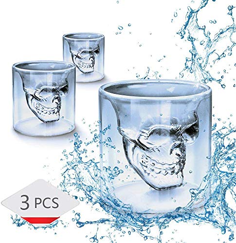 WIKEA Vasos Transparentes de Pirata Calavera de Doble Capa Copa de Cerveza de cóctel (75 ml x 3 PCS)