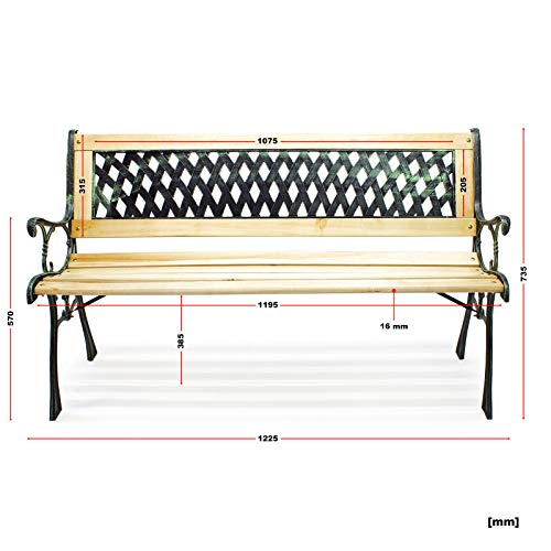 WilTec Banco jardín Asiento Parque Inge Madera y Hierro Fundido Respaldo Rejilla 2 plazas Interior Exterior