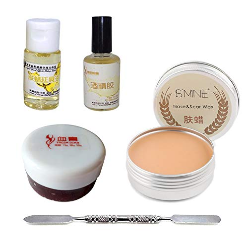 Winthai 50g Fake Wound Modeling Scar Makeup Wax + Spatula + 15g Coagulated Blood + 15ml Spirit Gum Adhesive + 10ml Oil for Halloween Festival Stage Special Effects Light Color