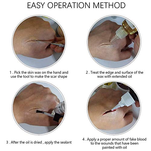 Winthai 50g Fake Wound Modeling Scar Makeup Wax + Spatula + 15g Coagulated Blood + 15ml Spirit Gum Adhesive + 10ml Oil for Halloween Festival Stage Special Effects Light Color