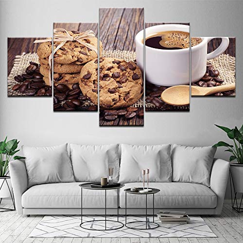 WMAPDWLH 5 Paneles Pintura Carteles Marco De La Sala HD Pintura Impresa 5 Unidades/Pcs Café con Espresso Galletas De Chocolate Arte Moderno De Pared Fotos Decoración para El Hogar