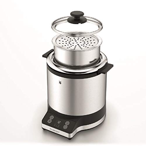 WMF Arrocera 220 W con 1 L de capacidad, con tapa recipiente, base dual, mantenimiento automático del calor, incluye taza y cuchara medidora, exterior de acero inoxidable de cromargan mate