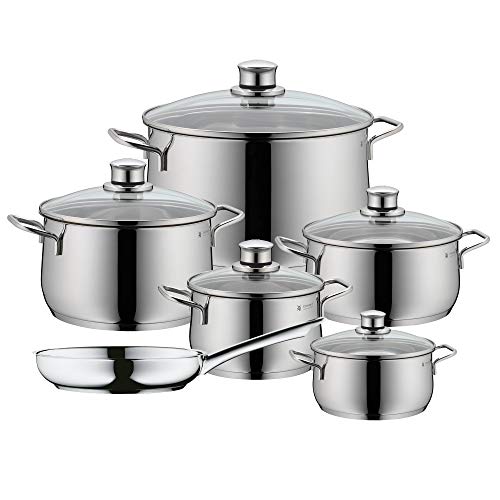 WMF Diadem Plus - Batería de Cocina (6 Piezas) Cristal, Acero Inoxidable Cromargan, Apta para Todo Tipo de Cocinas Incluso inducción