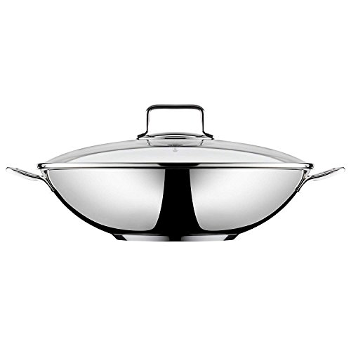 WMF Macao - Juego de wok de 2 piezas con sartén de 36 cm y tapa de cristal, acero inoxidable Cromargan, sin revestimiento, para inducción