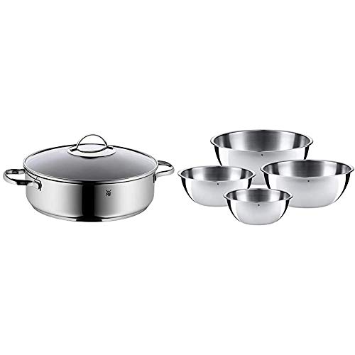 WMF Profi Plus - Sartén con tapa, cromargan 18/10 acero inoxidable + Gourmet-Set de 4 Boles, Acero Inoxidable Mate