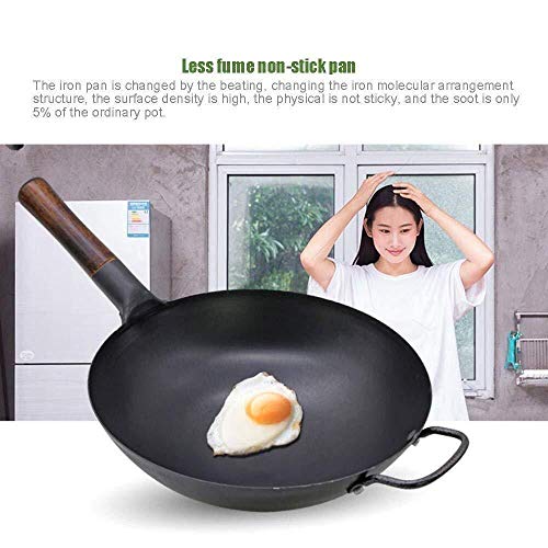 Wok Con Base Redonda Para Cocina | Wok Tradicional De Acero Al Carbono Martillado A Mano | Mango De Madera | Antiadherente Natural | Con Cepillo De Olla,40cm