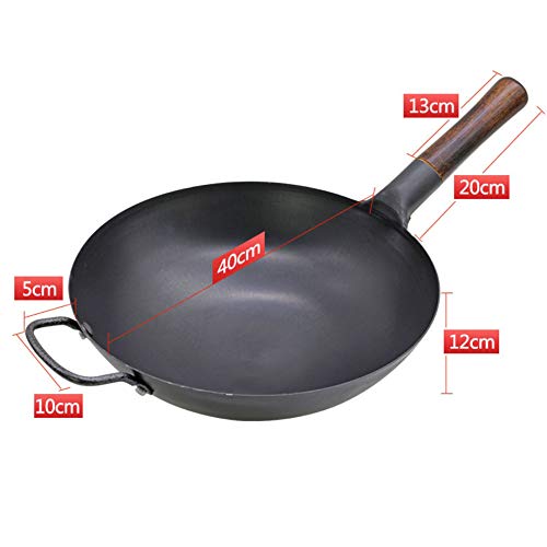 Wok Con Base Redonda Para Cocina | Wok Tradicional De Acero Al Carbono Martillado A Mano | Mango De Madera | Antiadherente Natural | Con Cepillo De Olla,40cm