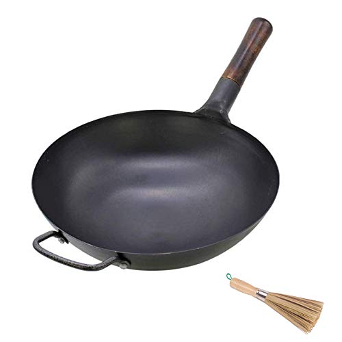 Wok Con Base Redonda Para Cocina | Wok Tradicional De Acero Al Carbono Martillado A Mano | Mango De Madera | Antiadherente Natural | Con Cepillo De Olla,40cm