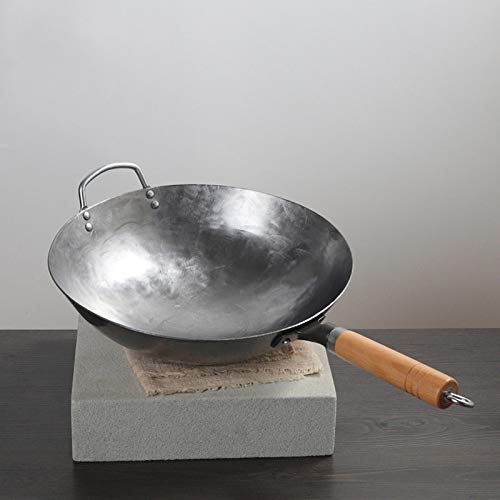 Wok Pow Wok Tradicional De Acero Al Carbono Martillado A Mano Con Mango Auxiliar De Madera Y Acero Y 1 Cepillo De Olla (fondo Redondo),36CM