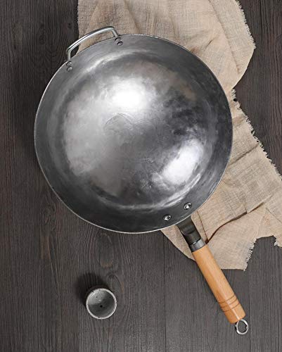 Wok Pow Wok Tradicional De Acero Al Carbono Martillado A Mano Con Mango Auxiliar De Madera Y Acero Y 1 Cepillo De Olla (fondo Redondo),36CM