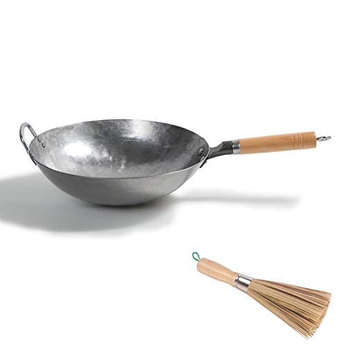 Wok Pow Wok Tradicional De Acero Al Carbono Martillado A Mano Con Mango Auxiliar De Madera Y Acero Y 1 Cepillo De Olla (fondo Redondo),36CM