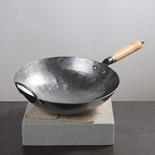 Wok Pow Wok Tradicional De Acero Al Carbono Martillado A Mano Con Mango Auxiliar De Madera Y Acero Y 1 Cepillo De Olla (fondo Redondo),36CM