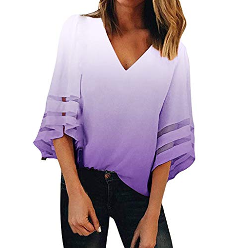 Women's V Neck Mesh Panel Blouse 3/4 Bell Sleeve Casual Loose Top Shirt Camisas Mujer Blusa Camisetas Manga Larga Sexy Tops Color Sólido Sexy Camisetas y Tops Pullover