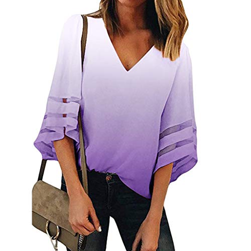 Women's V Neck Mesh Panel Blouse 3/4 Bell Sleeve Casual Loose Top Shirt Camisas Mujer Blusa Camisetas Manga Larga Sexy Tops Color Sólido Sexy Camisetas y Tops Pullover