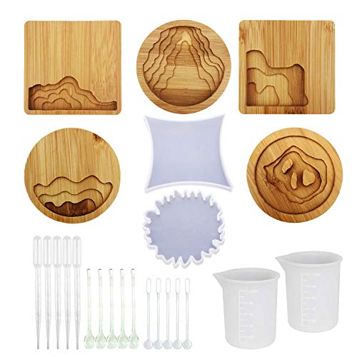 Woohome 7 Pz Molde Silicona Resina Portavasos, 5 Pz Posavasos de Madera y 2 Pz Molde de Resina Posavasos para Posavasos de DIY, Decoraciones para El Hogar