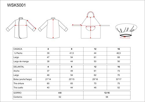Work Team Casaca de Cocina, Delantal y Gorro para niños. Set Indivisible. NIÑO Estampado 16