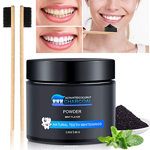 WOSTOO Blanqueador de Dientes Polvo de Dientes, para Dientes Blancos -100% Polvo de Carbón Activo Naturales,Elimina Manchas Dentales, Manchas Café Manchas Té (80g) - 2* Cepillos de Bambú