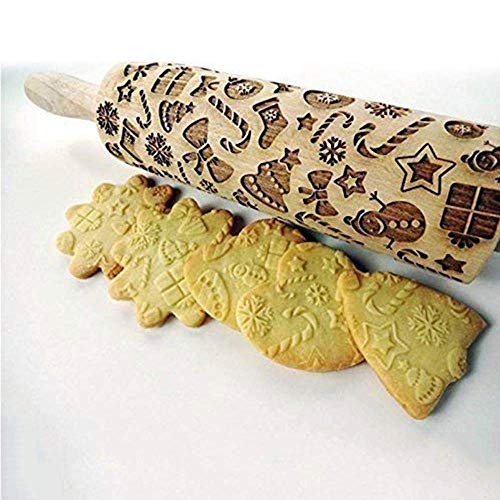 WOVELOT Aguja De Madera Rodillo en Relieve De La Decoración De La Forma del árbol De Navidad Talla De Galletas para Hornear Alivio De Masa con Tallado Símbolos De Navidad(35Cm)