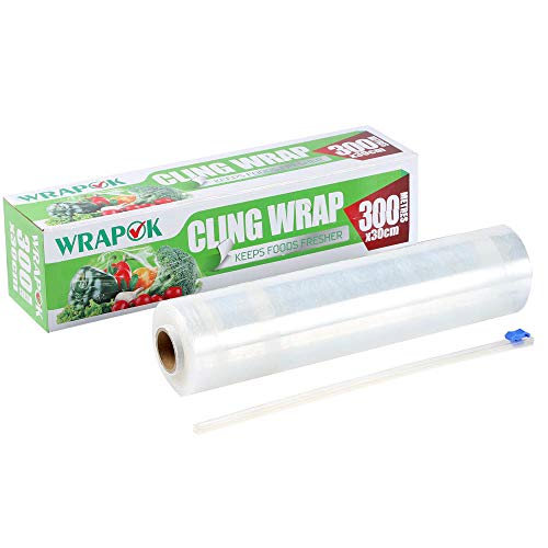 WRAPOK Cling Film Catering Cocina Plástico Sellado de alimentos Envoltura con dispensador, Servicio de comidas Herramientas de cocina para cocina, 300 mm x 300 m