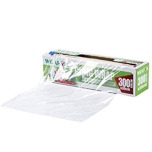 WRAPOK Cling Film Catering Cocina Plástico Sellado de alimentos Envoltura con dispensador, Servicio de comidas Herramientas de cocina para cocina, 300 mm x 300 m