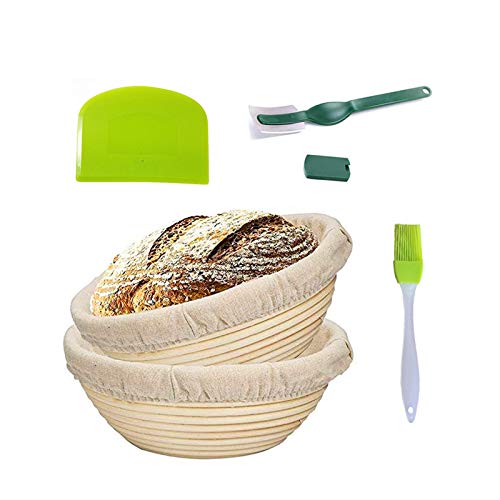 WYCY 2 Packs 7"Banneton Brotform Redonda Cuenco para Masas Tazón de Ratán Natural para Masa y Pan Proteico (con Raspador Cortador Curvo Cepillo de Silicona Forro de Tela) (18CM)