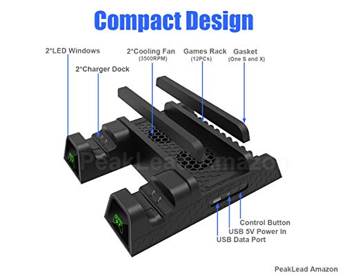 Xbox One Soporte Vertical y Ventilador de Refrigeración, estación de carga, Cargador de Batería Mando, 2x Battery Recargable controller, 12x juegos almacenamiento, USB Hub para Xbox One, One S, One X