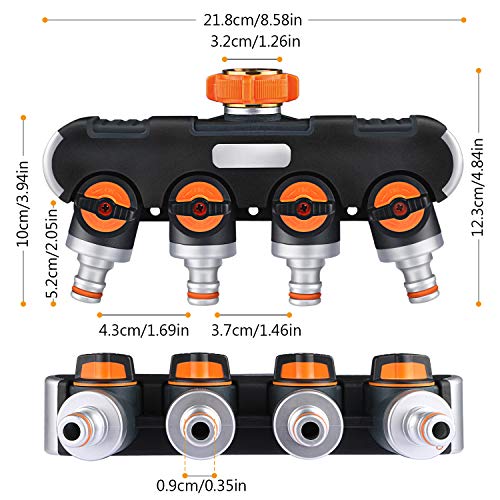 Xddias 4 Distribuidor 3/4 Pulgadas con válvula de Cierre, Adaptador de Grifo, regulador de Flujo de Agua y bloqueable, con múltiples Conexiones para Manguera de riego de jardín, Negro