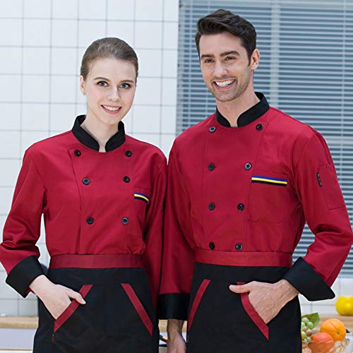 XFentech Chef Trabaja Uniformes - Chaqueta de Chef de Manga Larga Cocina Trabajo Uniforme Unisex, Rojo, EU L = Tag XL