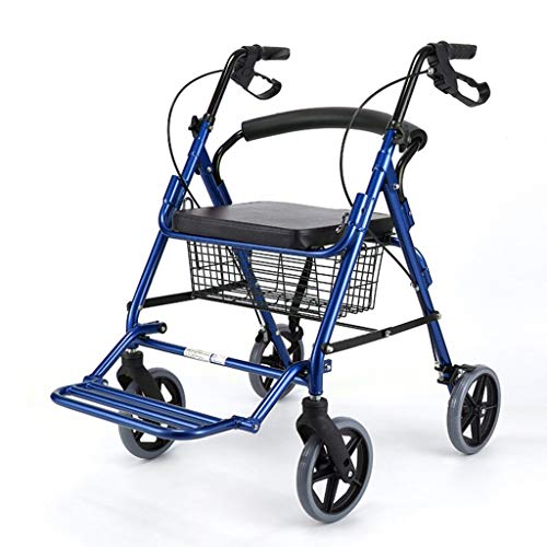 XHF Multifunción portátil de mano Camiones Compras, Hogar Pequeño sillón de ruedas mayor de ultramarinos de cuatro ruedas Caminar puede sentarse carrito plegable Walker auxiliar Walker,Azul