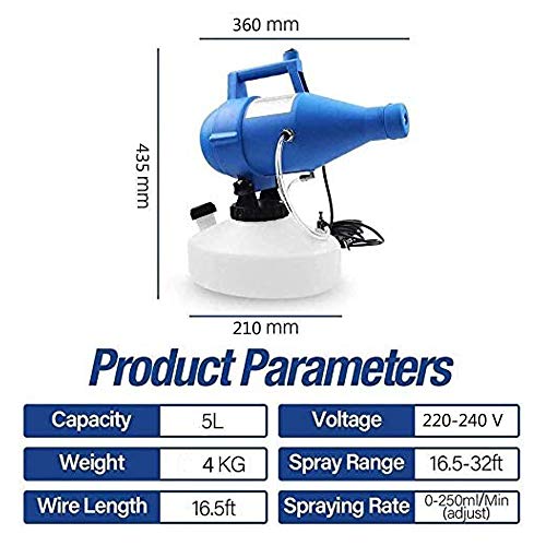 XIAMI 5L ULV Nebulizador de jardín Pulverizador Eléctrico de Césped Electrostático Multiusos para Uso Público en Interiores y Exteriores, Esterilización Antiparasitaria, el Cable Tiene 5 Metros