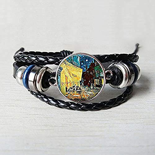 Xianglsp Co.,ltd Van Gogh Cafe Terrace Art Pulsera de Cuero Cabujón de Cristal Joyería Bistro Restauranteur S Regalo Mujer Pulsera de Cuero Joyería