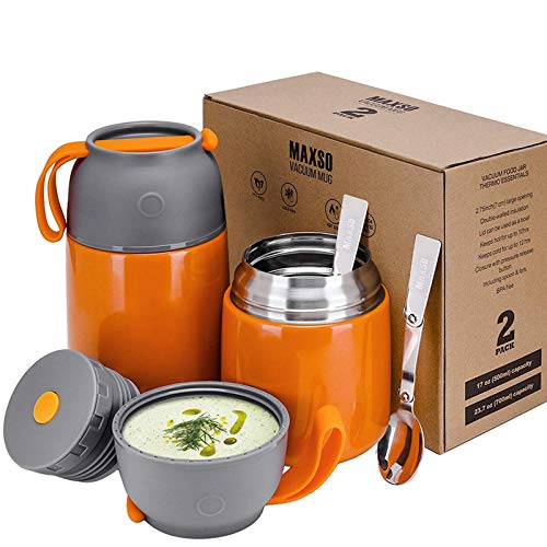 XIAPIA 2 Piezas Frasco Termo para Comida 500 & 700ml, Contenedor Térmico para Alimentos para Niños Almuerzo Escolar,Fácil de Limpiar,Botellas de Agua para Niños,Bicicletas,Picnic(Naranja)