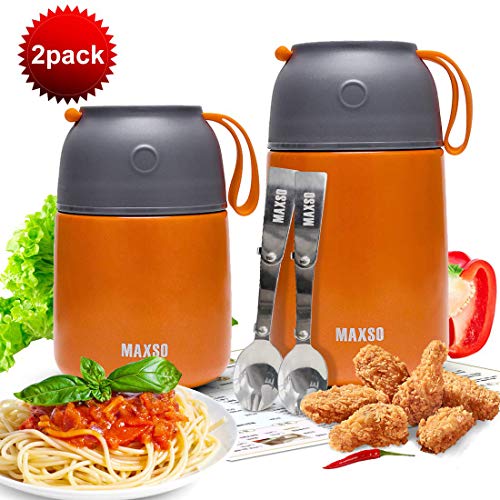 XIAPIA 2 Piezas Frasco Termo para Comida 500 & 700ml, Contenedor Térmico para Alimentos para Niños Almuerzo Escolar,Fácil de Limpiar,Botellas de Agua para Niños,Bicicletas,Picnic(Naranja)