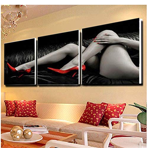 XingChen 3 Piezas Sexy Lady Lienzo Pintura Moderno Rojo Zapatos de tacón Alto Pared Cuadros decoración del hogar Sala de Estar Dormitorio 3x50x50cm sin Marco