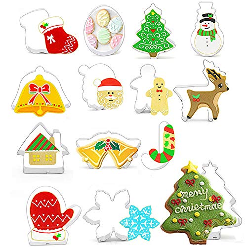 Xinlie Cortadores de Galletas Navideñas Cortadores de Galletas de Acero Inoxidable para Galletas de Navidad Navideñas Juego de Cortadores de Galletas para Galletas de Fondant para Hornear (14 PCS)