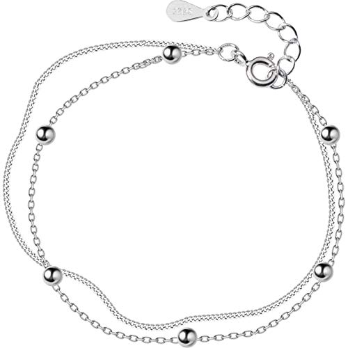 xinMarJ Pulsera de Plata S925 Pulsera de Cuentas de Doble Capa Simple Pulsera pequeña de alubias para Mujer, 15 + 2.8 cm