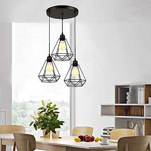 XINYANSEE® 3-Cabezas Industrial Vintage Lámpara Colgante, Metal Luz Lámpara de Techo Iluminación Colgante, E27 Lámparas de Araña Cocina Comedor Salón Dormitorio Restaurante Oficina, Negro