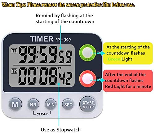 XREXS -Temporizador digital de cocina dual, temporizador de volumen de ajustable, temporizador de cocina, cronómetro, pantalla LCD grande/temporizador para reunión/clase, batería incluida
