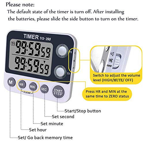 XREXS -Temporizador digital de cocina dual, temporizador de volumen de ajustable, temporizador de cocina, cronómetro, pantalla LCD grande/temporizador para reunión/clase, batería incluida