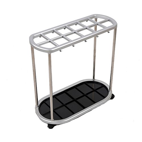 Xuping shop Gran TAMAÑO Soporte de bastón de Acero Inoxidable Paraguas, Home Office Pasillo de Almacenamiento con 4 Ruedas 10 Ganchos y una Bandeja de Agua de Lluvia Inferior 56 * 28 * 55 cm Plata